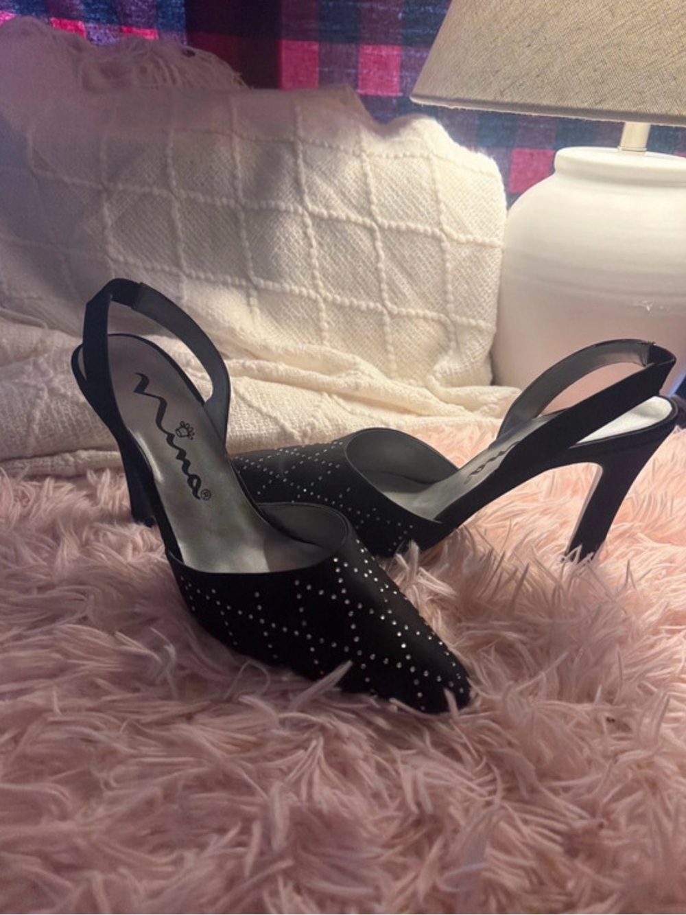 Nina Black Slingback Pointed-Toe Heels with Stud Detail